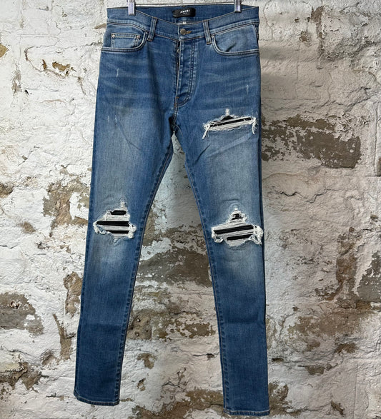 Amiri MX1 Black Leather Dark Blue Denim Jeans Sz 30