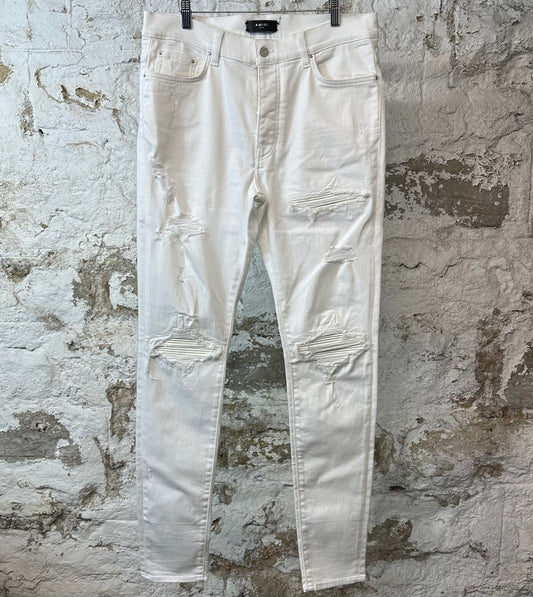 Amiri MX1 White Leather White Denim Jeans Sz 36