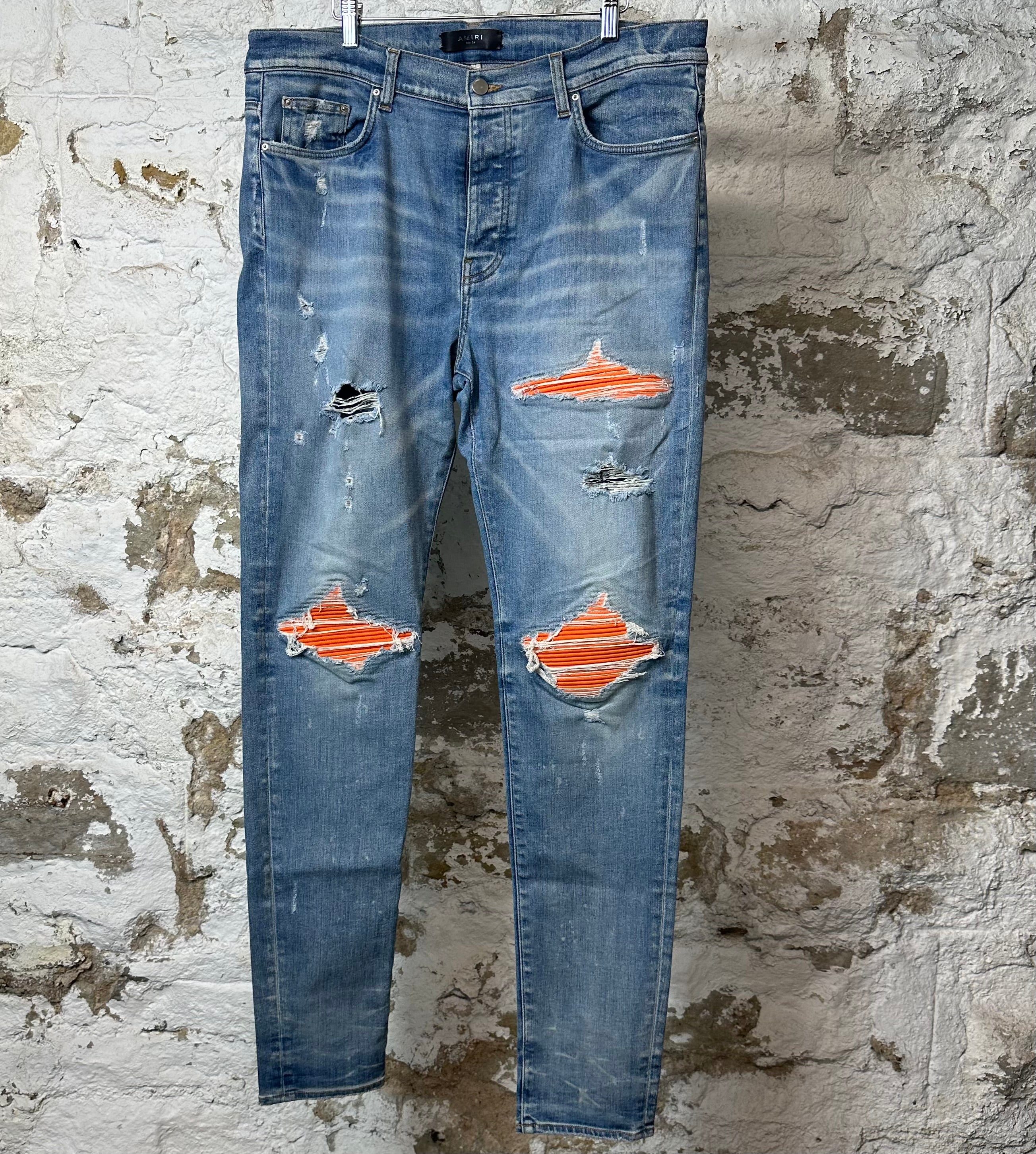 Amiri MX1 Orange Suede Blue Denim Jeans Sz 38