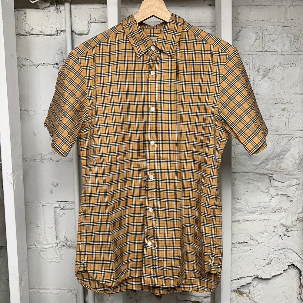 Burberry Brown Plaid Short Sleeve Button Up Sz S