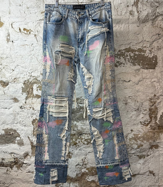 Who Decides War Multicolor Stained Glass Blue Denim Jeans Sz 30