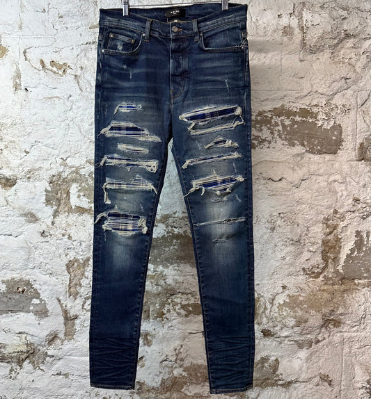 Amiri MX1 Blue Plaid Flannel Dark Blue Denim Jeans Sz 33