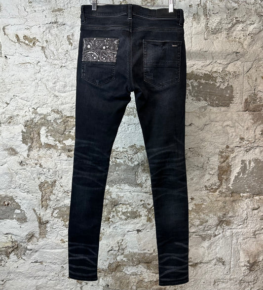 Amiri MX1 Grey Paisley Patch Black Denim Jeans Sz 28