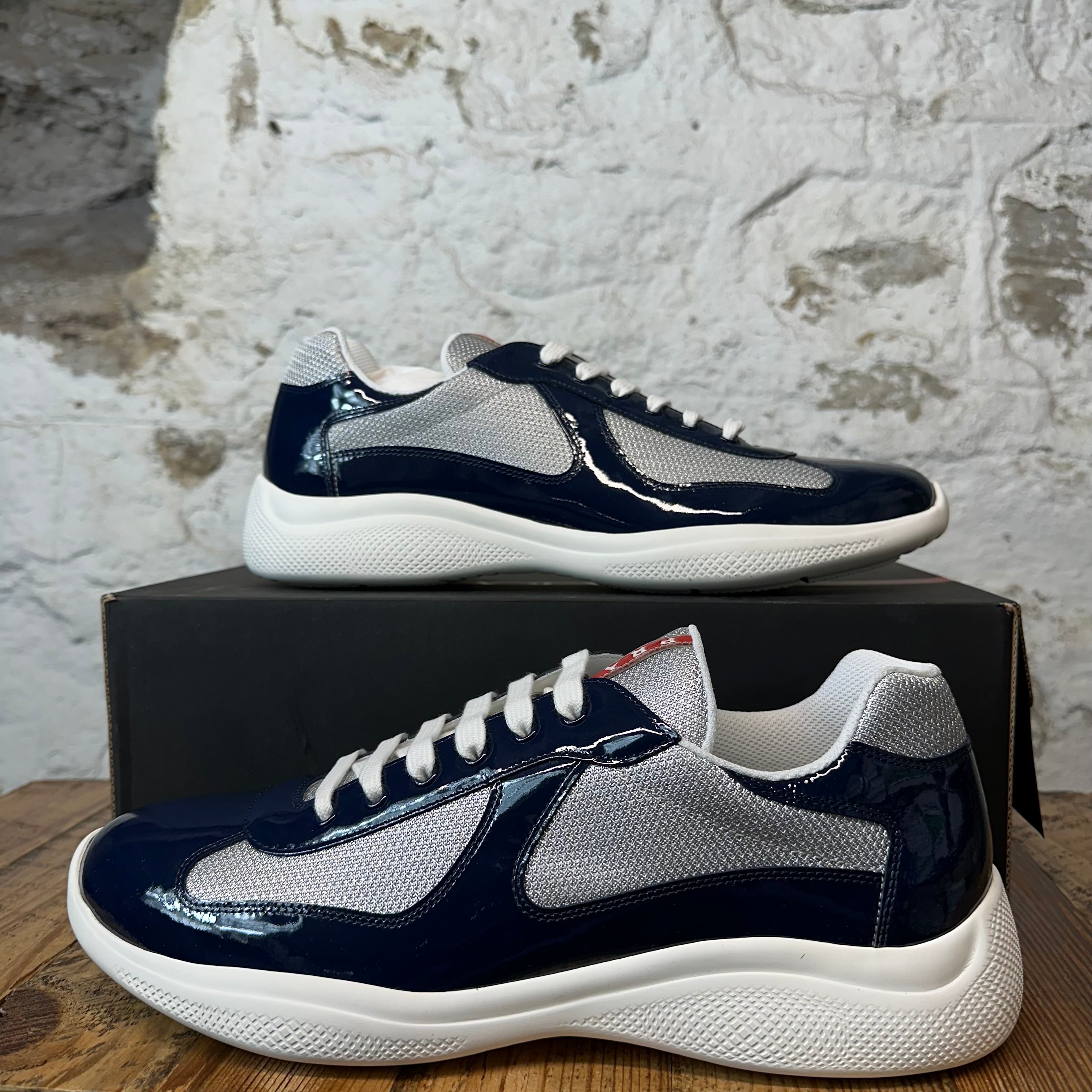 Prada Americas Cup Navy Blue Patent Grey Sneaker Sz 13 DS
