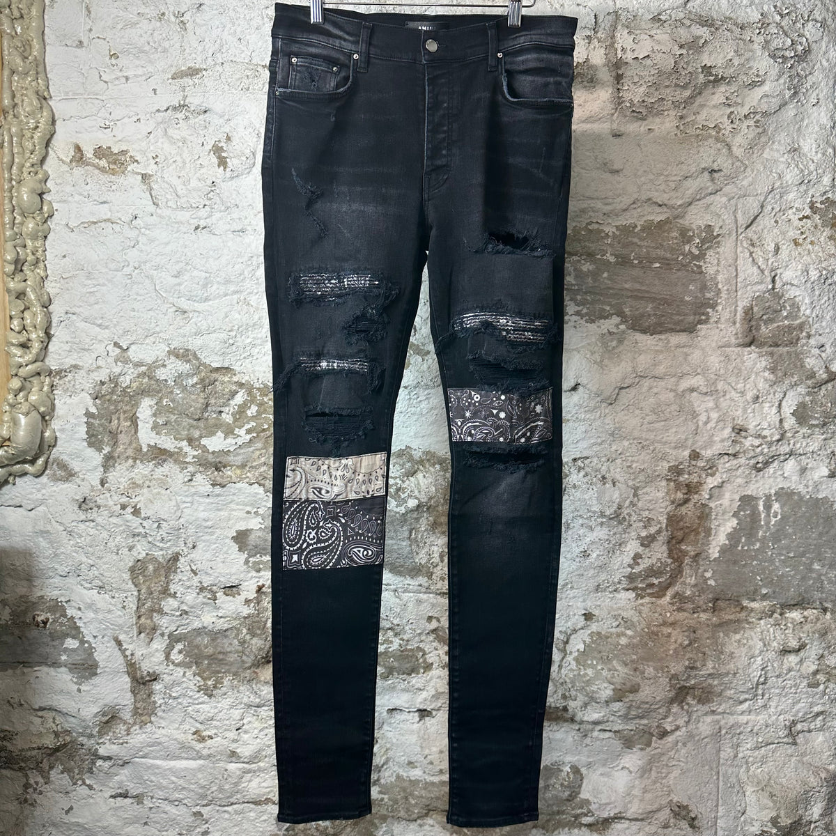 Amiri MX1 Grey Art Patch Black Denim Jeans Sz 33