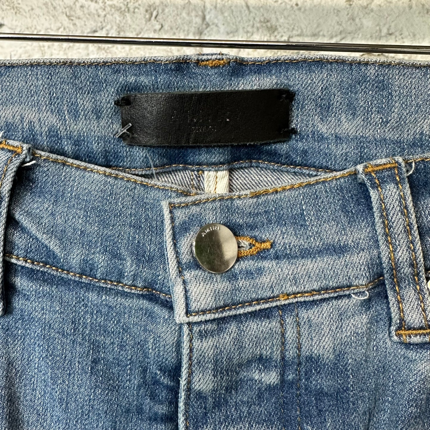 Amiri Brown Leather Spell Blue Denim Jeans Sz 31