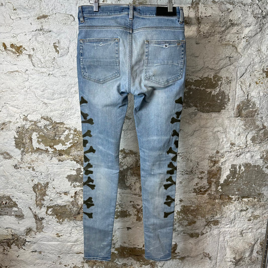 Amiri Green Camo Bones Blue Denim Jeans Sz 30