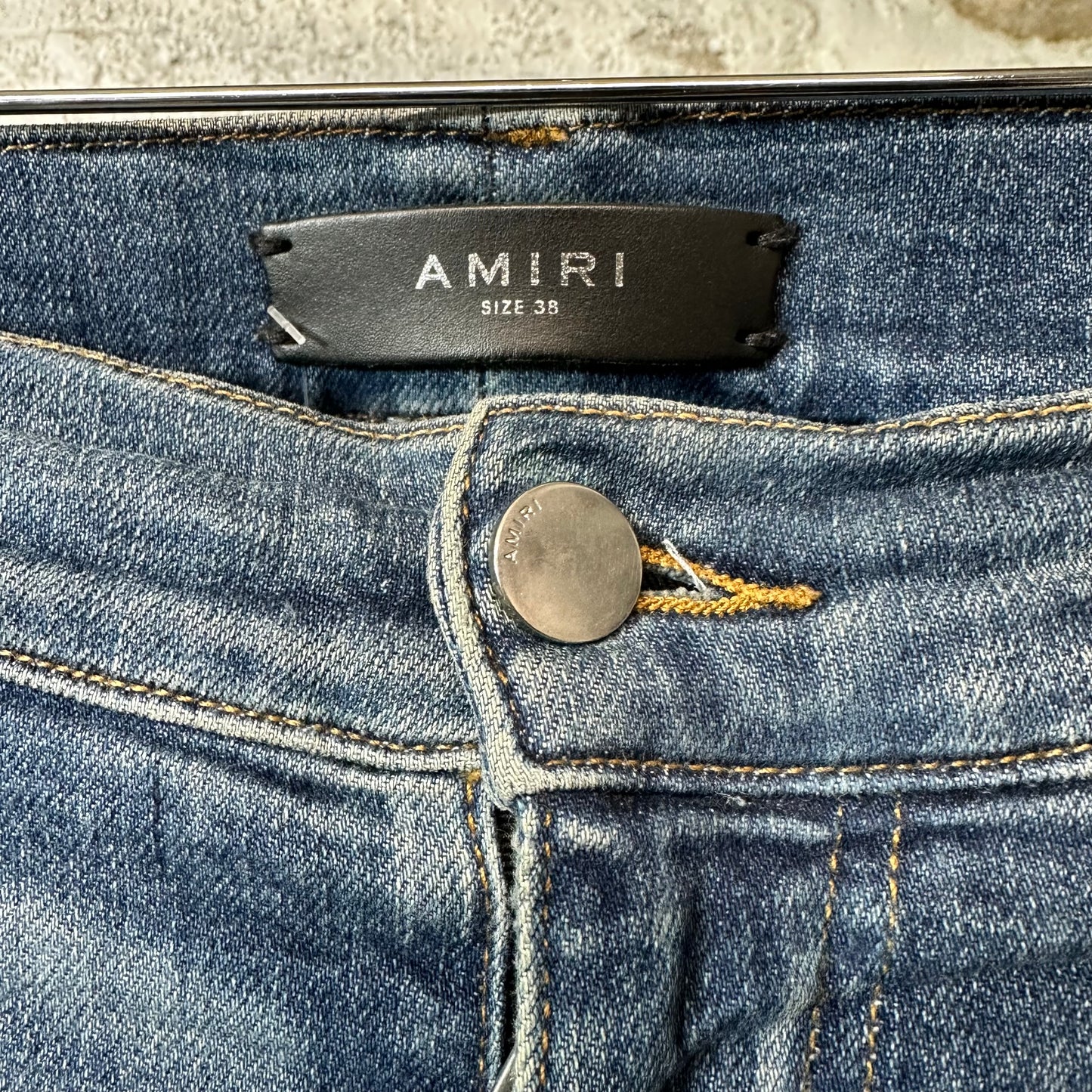 Amiri MX1 Black Leather Blue Denim Jeans Sz 38