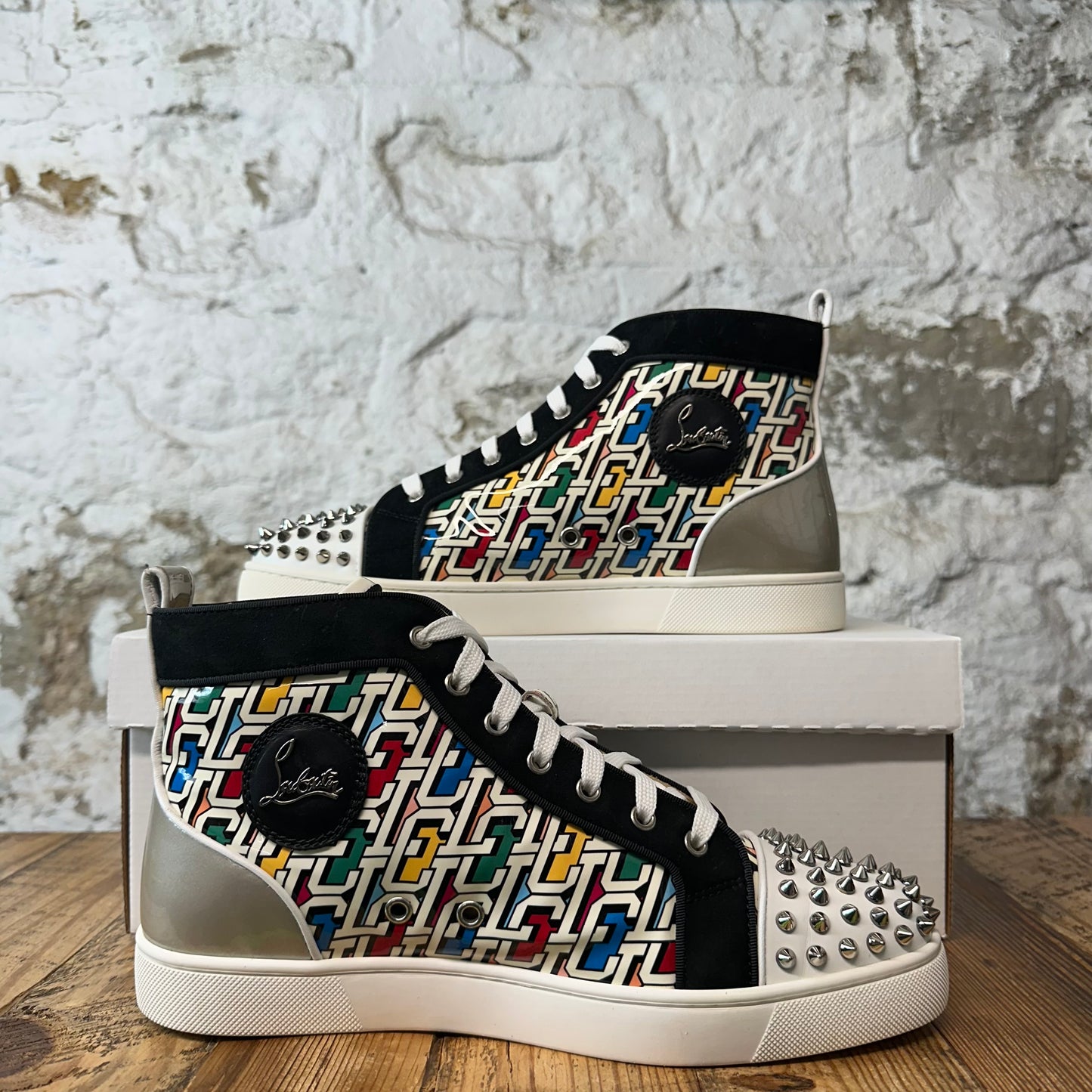 Christian Louboutin High Multicolor Monogram White Spike Sneaker Sz 9 (42)