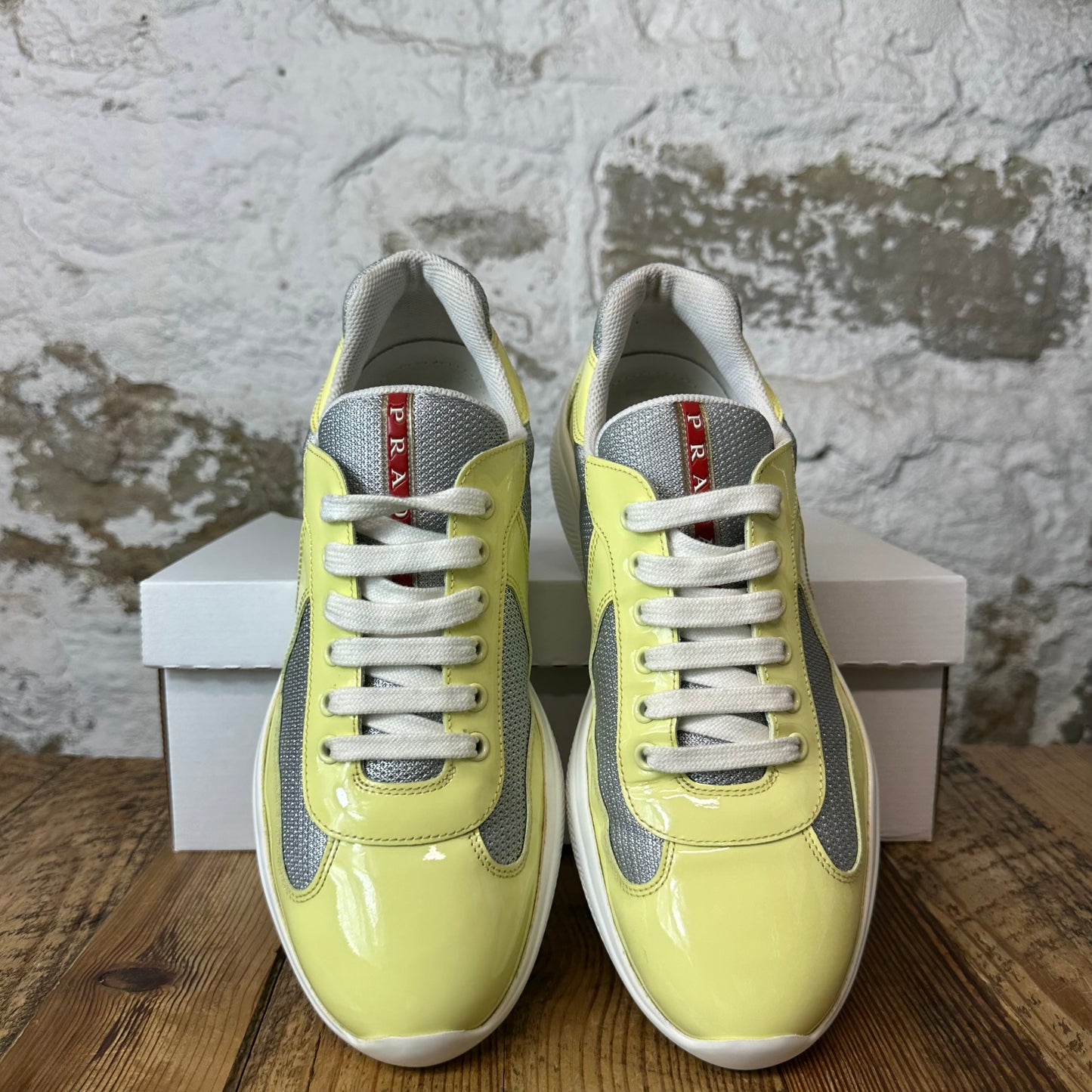 Prada Americas Cup Lemon Patent Grey White Sneaker Sz 8.5