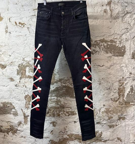 Amiri Red White Bones Black Denim Jeans Sz 30