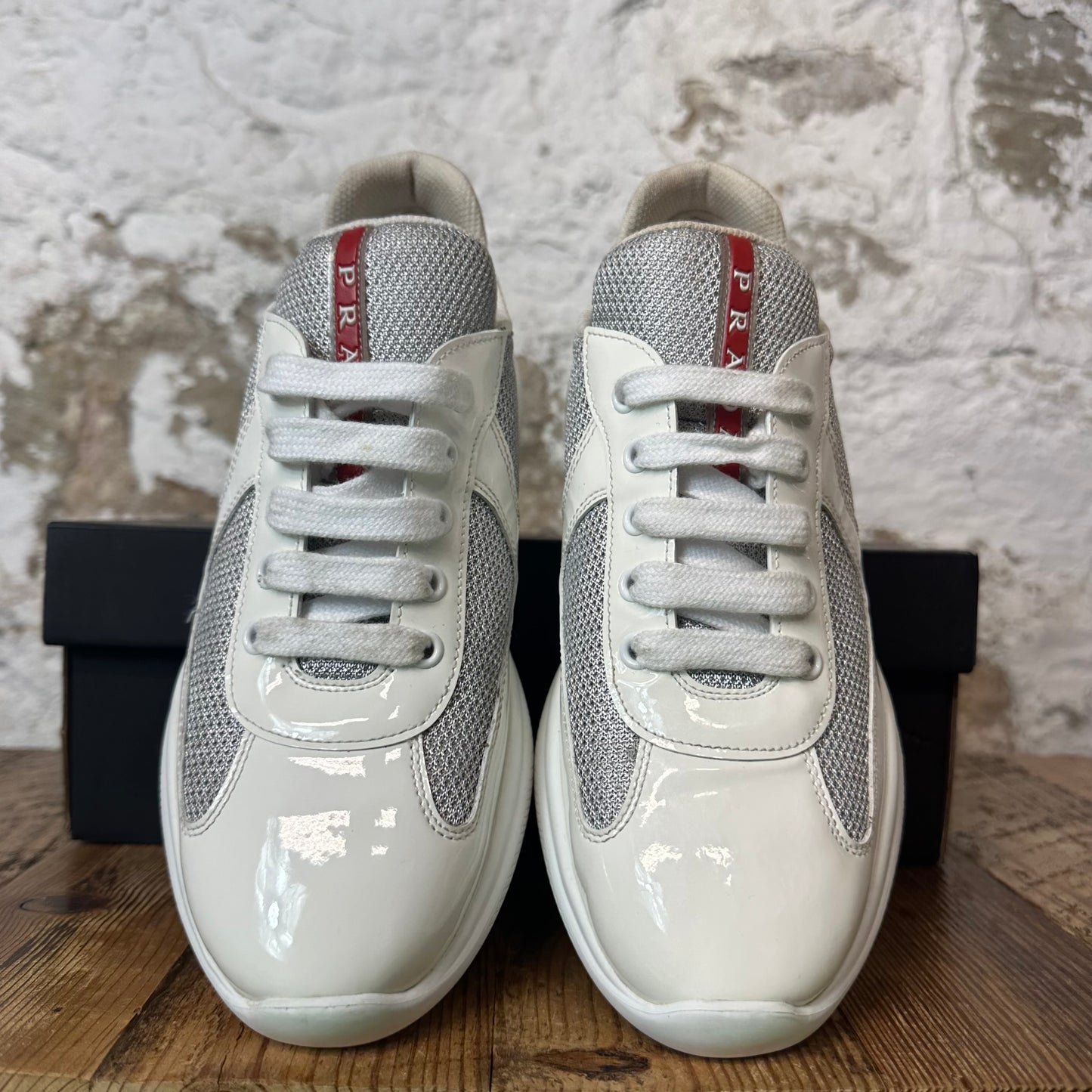 Prada Americas Cup White Patent Grey White Sneaker Sz 6 (38.5)