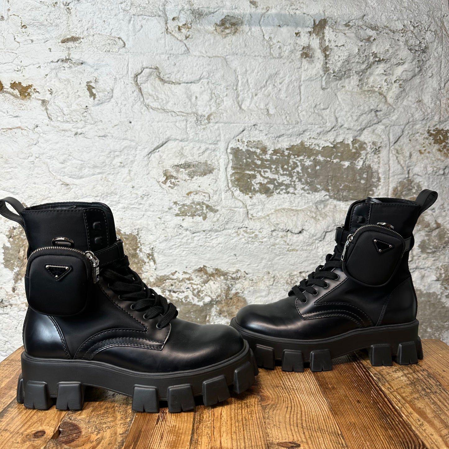 Prada Monolith Renylon Black Leather Boot Sz 9.5