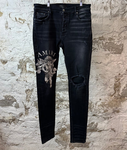 Amiri Cherub Logo Black Denim Jeans Sz 36