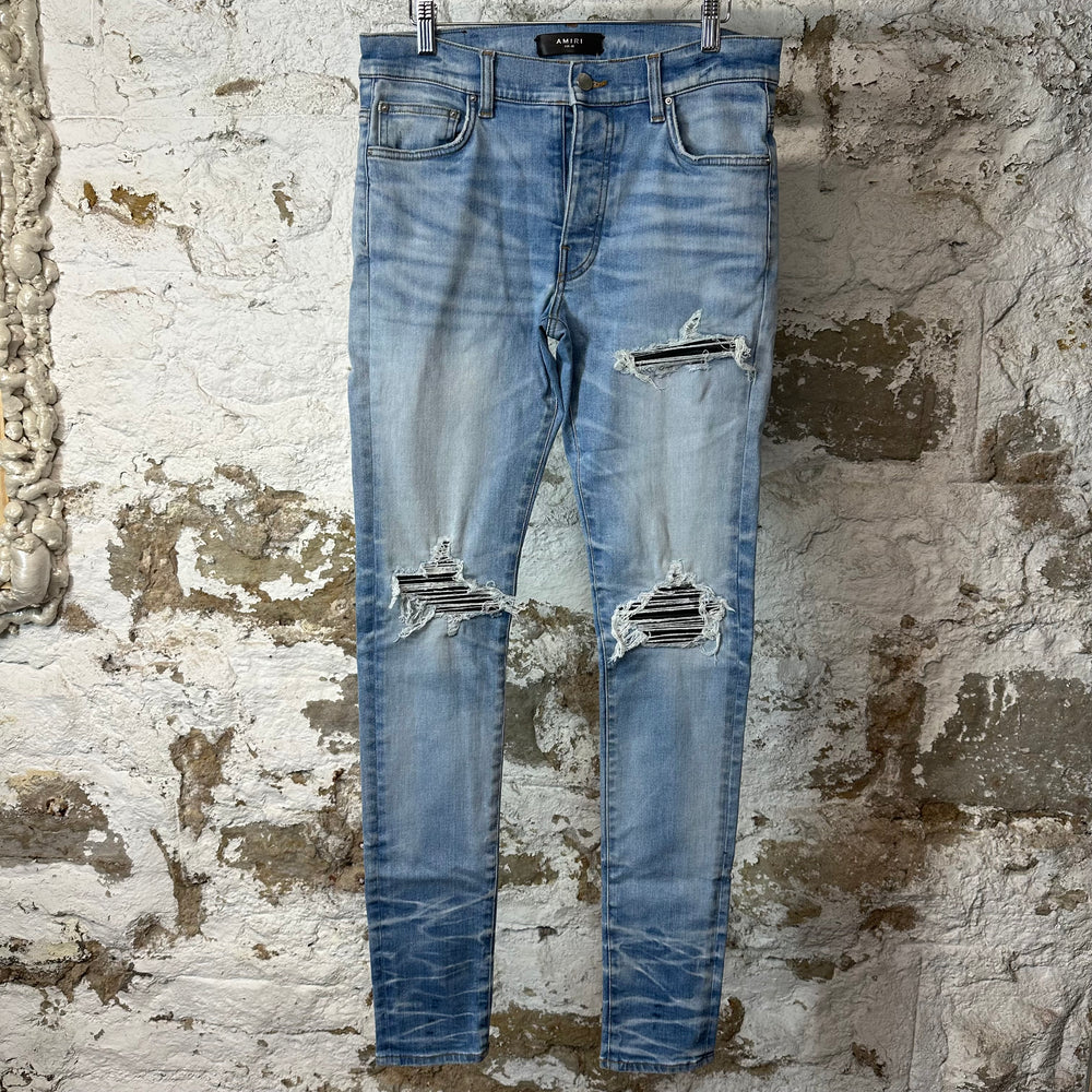 Amiri MX1 Black Leather Light Blue Denim Jeans Sz 30