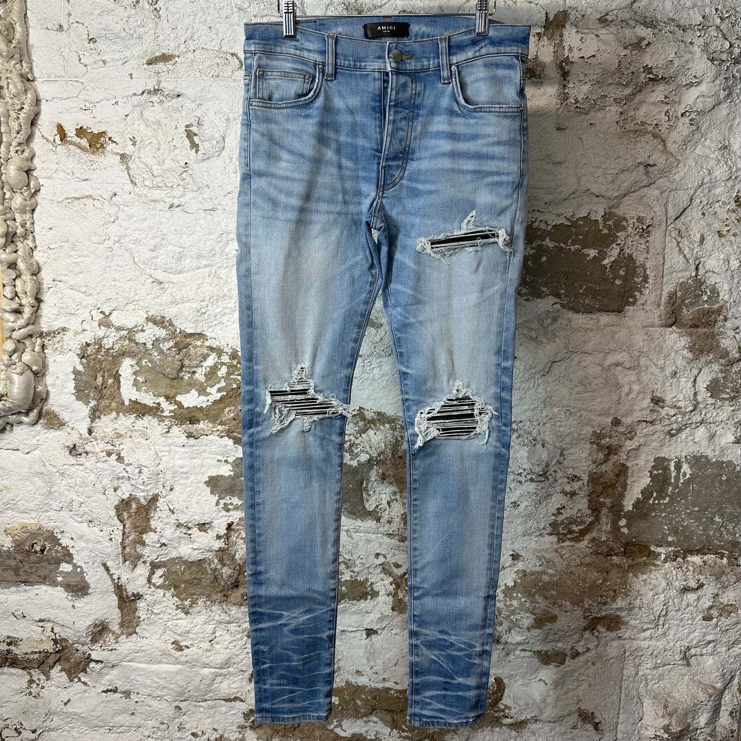 Amiri MX1 Black Leather Light Blue Denim Jeans Sz 30