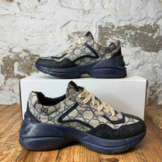 Gucci Rhtyon Beige GG Monogram Navy Sneaker Sz 5.5