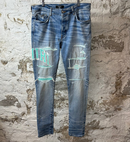 Amiri Teal Spell Patched Blue Denim Jeans Sz 36