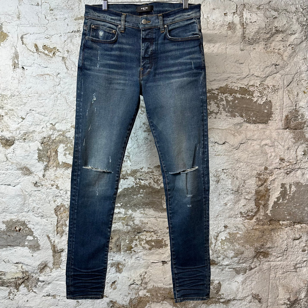 Amiri Knee Rip Plain Dark Blue Denim Jeans Sz 33