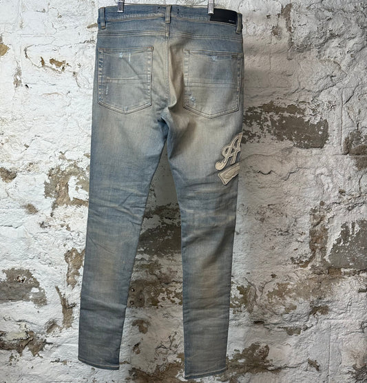 Amiri White Varsity 22 Patch Blue Denim Jeans Sz 34