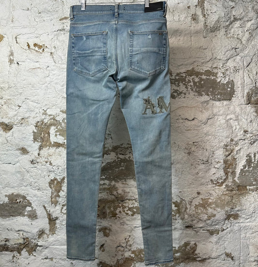 Amiri Leaf Side Spell Blue Denim Jeans Sz 31