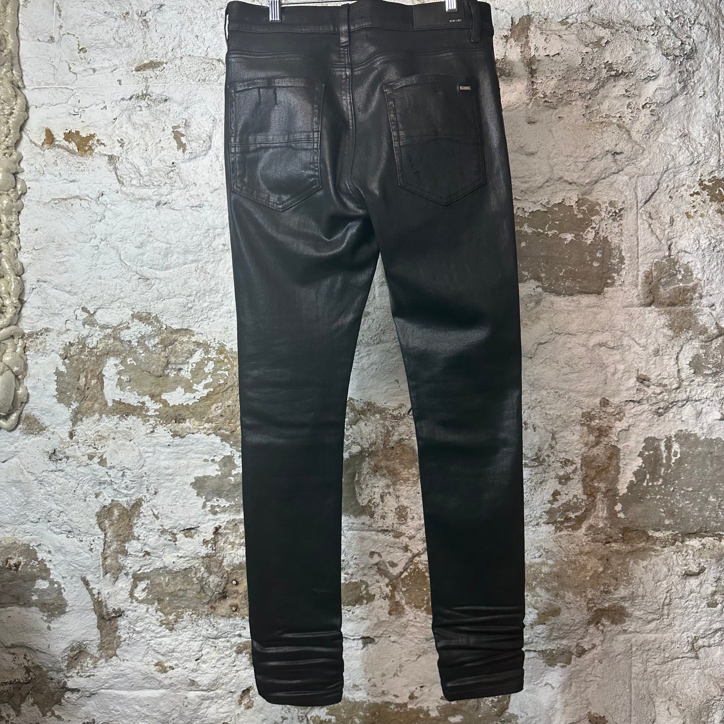 Amiri MX1 Black Leather Black Waxed Denim Jeans Sz 34