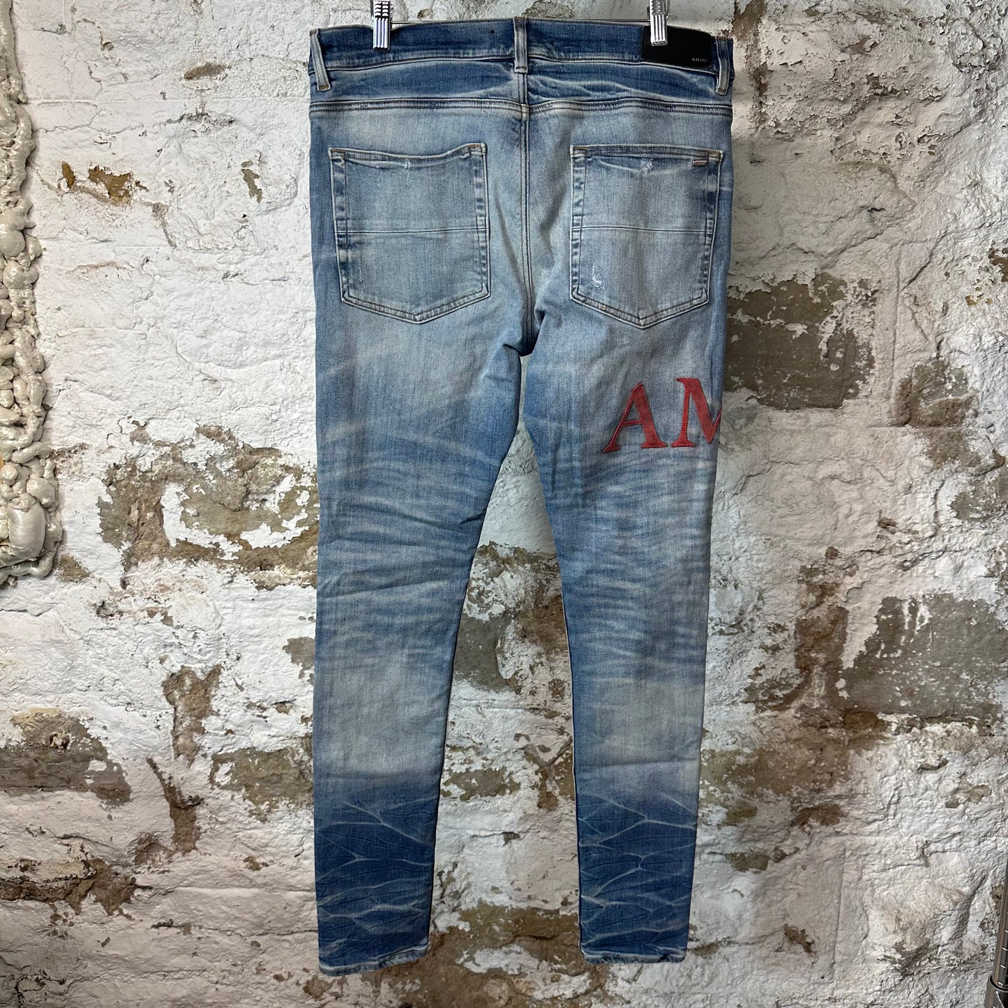 Amiri MX1 Red Suede Spell Blue Denim Jeans Sz 36