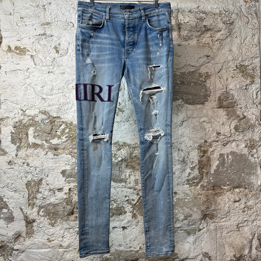 Amiri Purple Suede Core Logo Blue Denim Jeans Sz 32