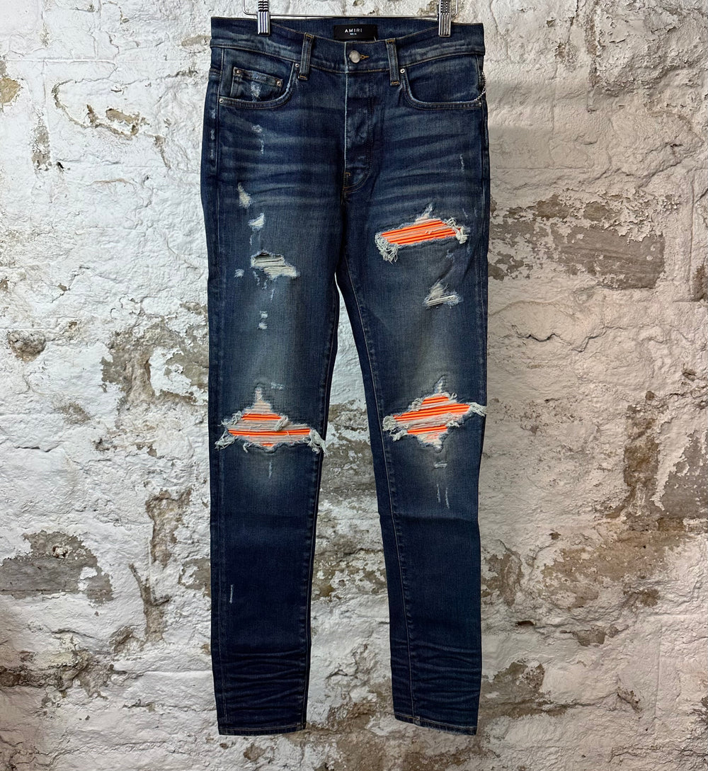 Amiri MX1 Orange Suede Dark Blue Denim Jeans