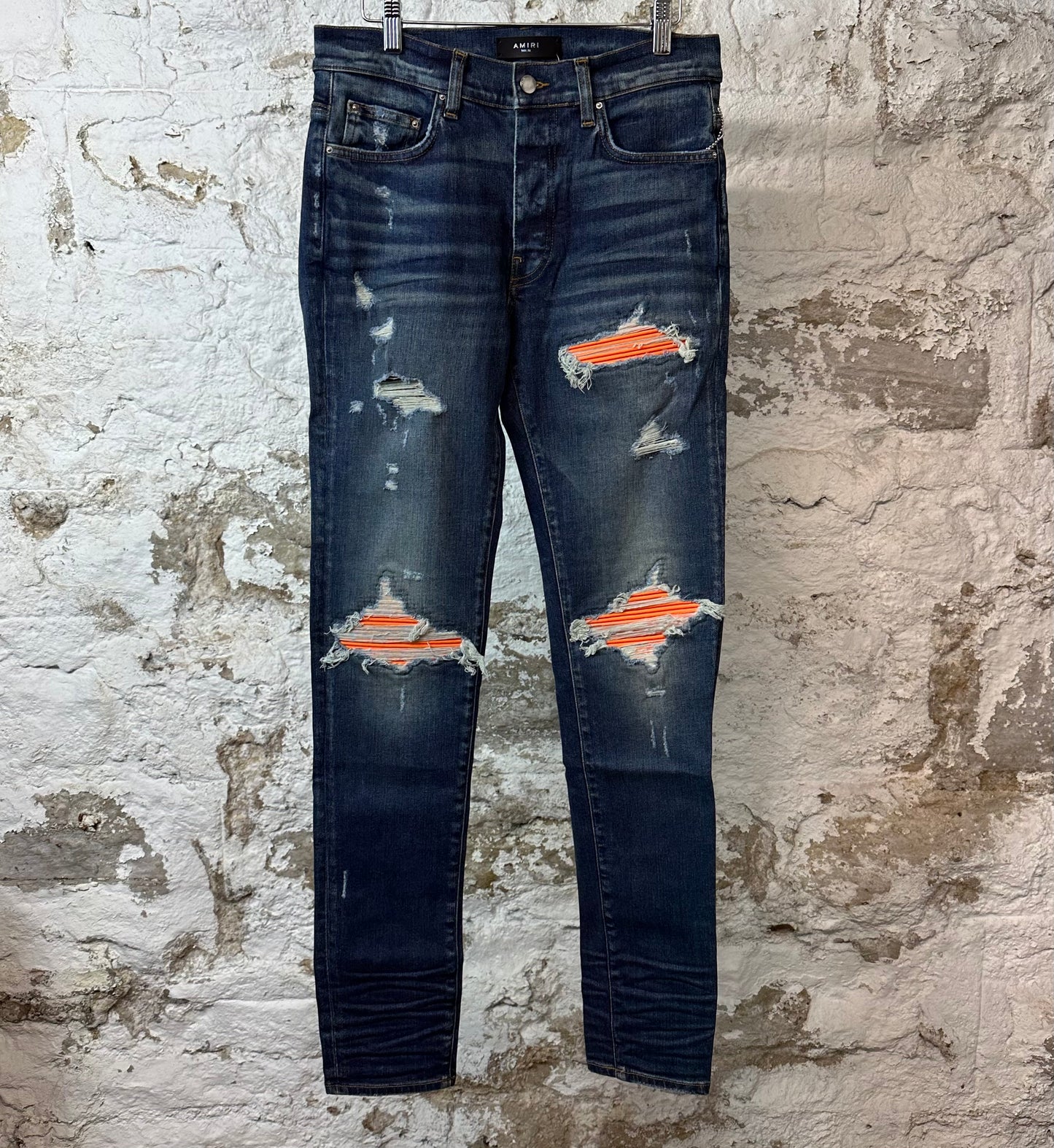 Amiri MX1 Orange Suede Dark Blue Denim Jeans