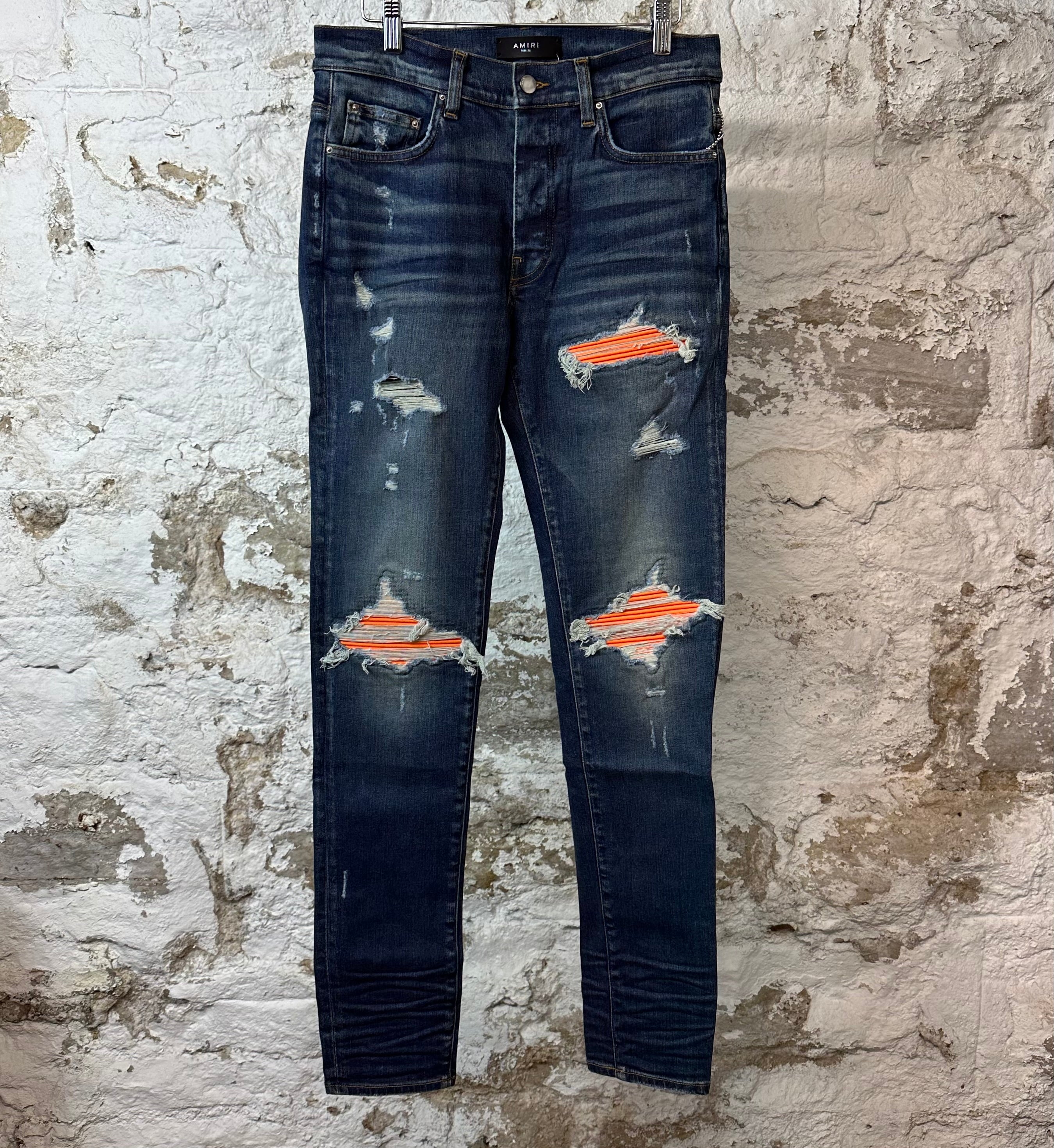 Amiri MX1 Orange Suede Dark Blue Denim Jeans