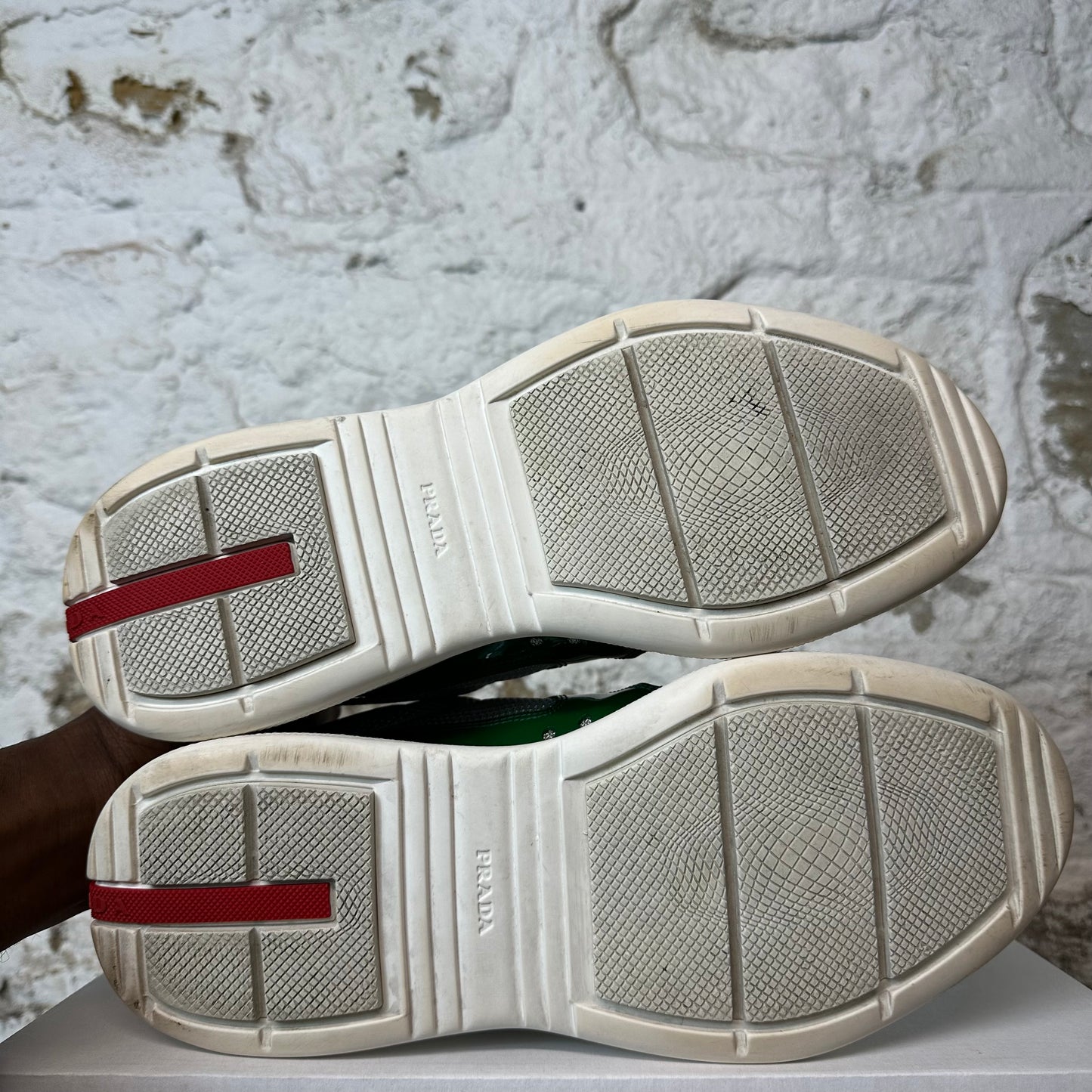 Prada Americas Cup Green Patent Gray White Sneaker Sz 8.5