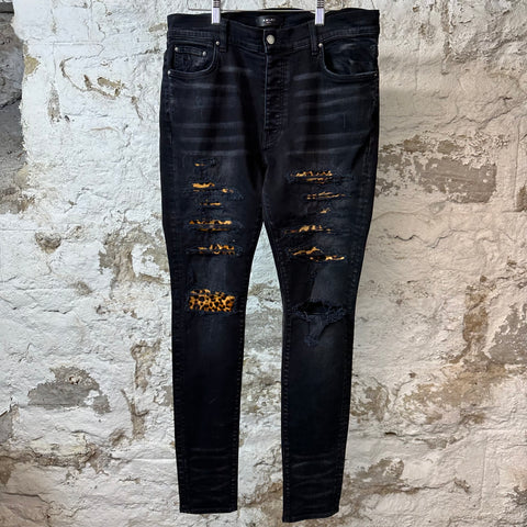 Amiri Leopard Print Patch Black Denim Jeans Sz 34