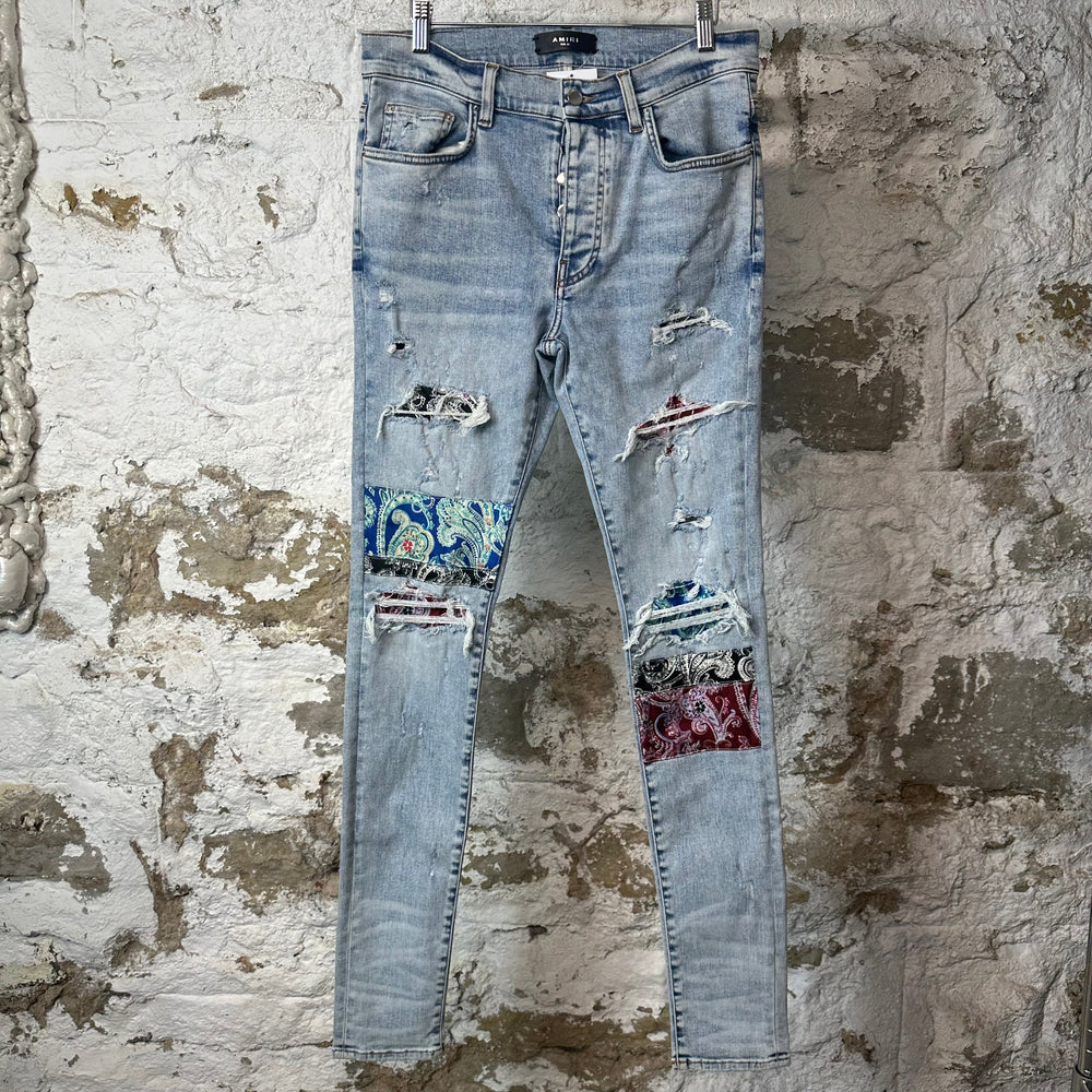 Amiri Multicolor Paisley Patches Washed Blue Denim Jeans Sz 32
