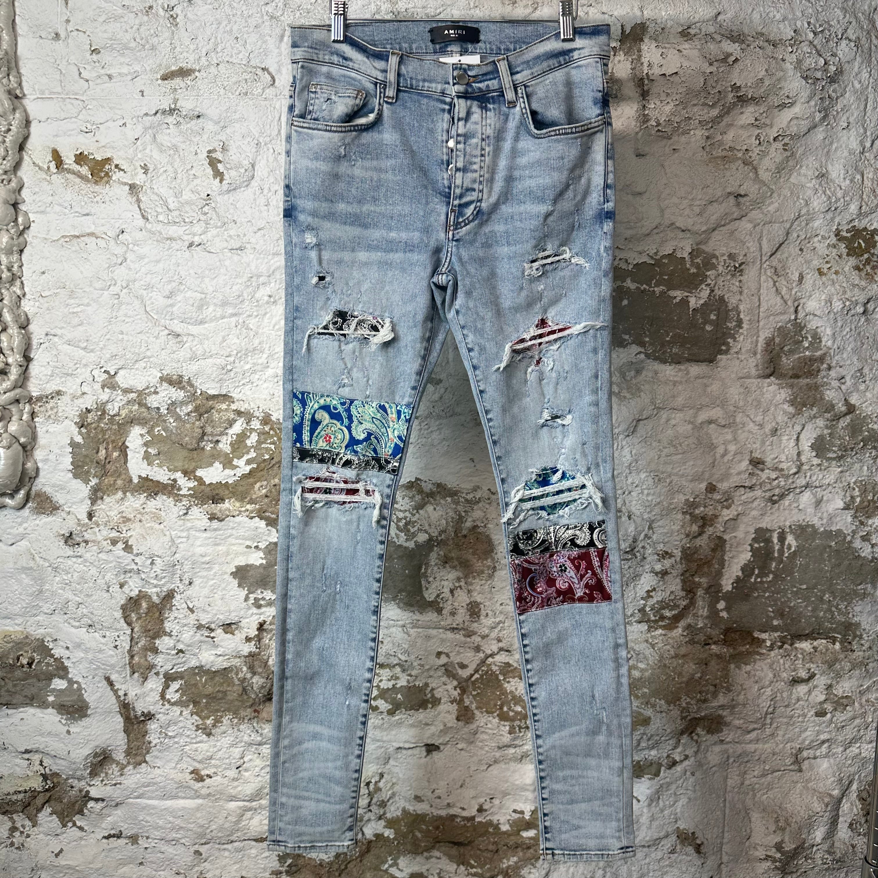 Amiri Multicolor Paisley Patches Washed Blue Denim Jeans Sz 32