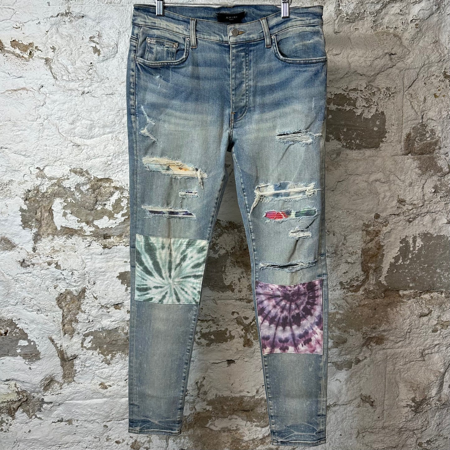 Amiri Tie Dye Patches Blue Denim Jeans Sz 34