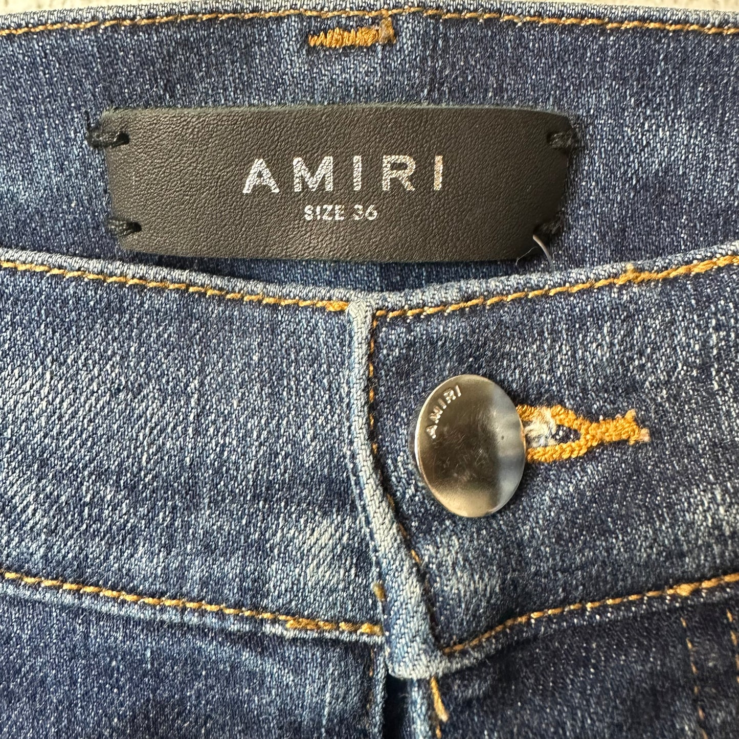 Amiri MX1 Orange Suede Dark Blue Denim Jeans Sz 36