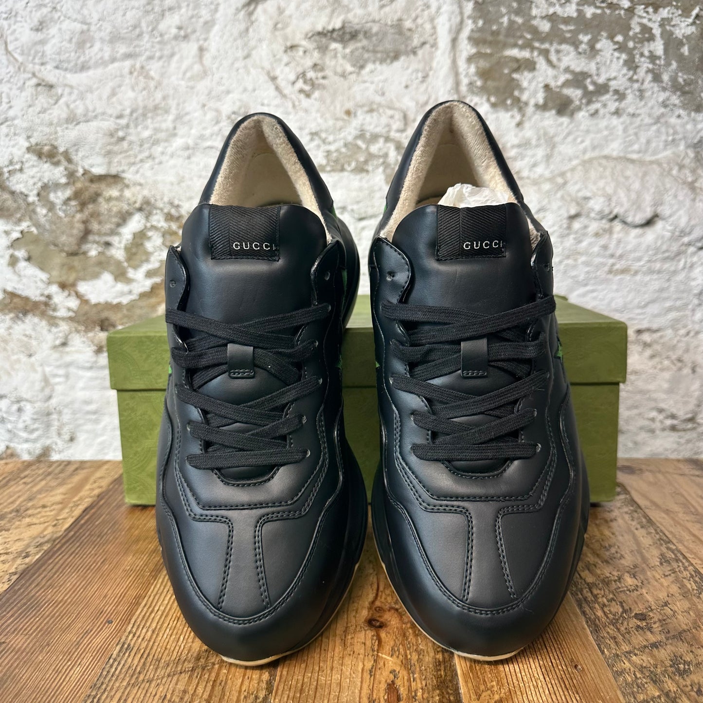 Gucci Rython Green Star Monogram Black Sneaker Sz 10.5