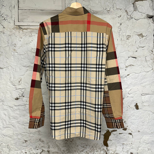 Burberry Terence Patchwork Beige Plaid Button Up Long Sleeve Shirt Sz S