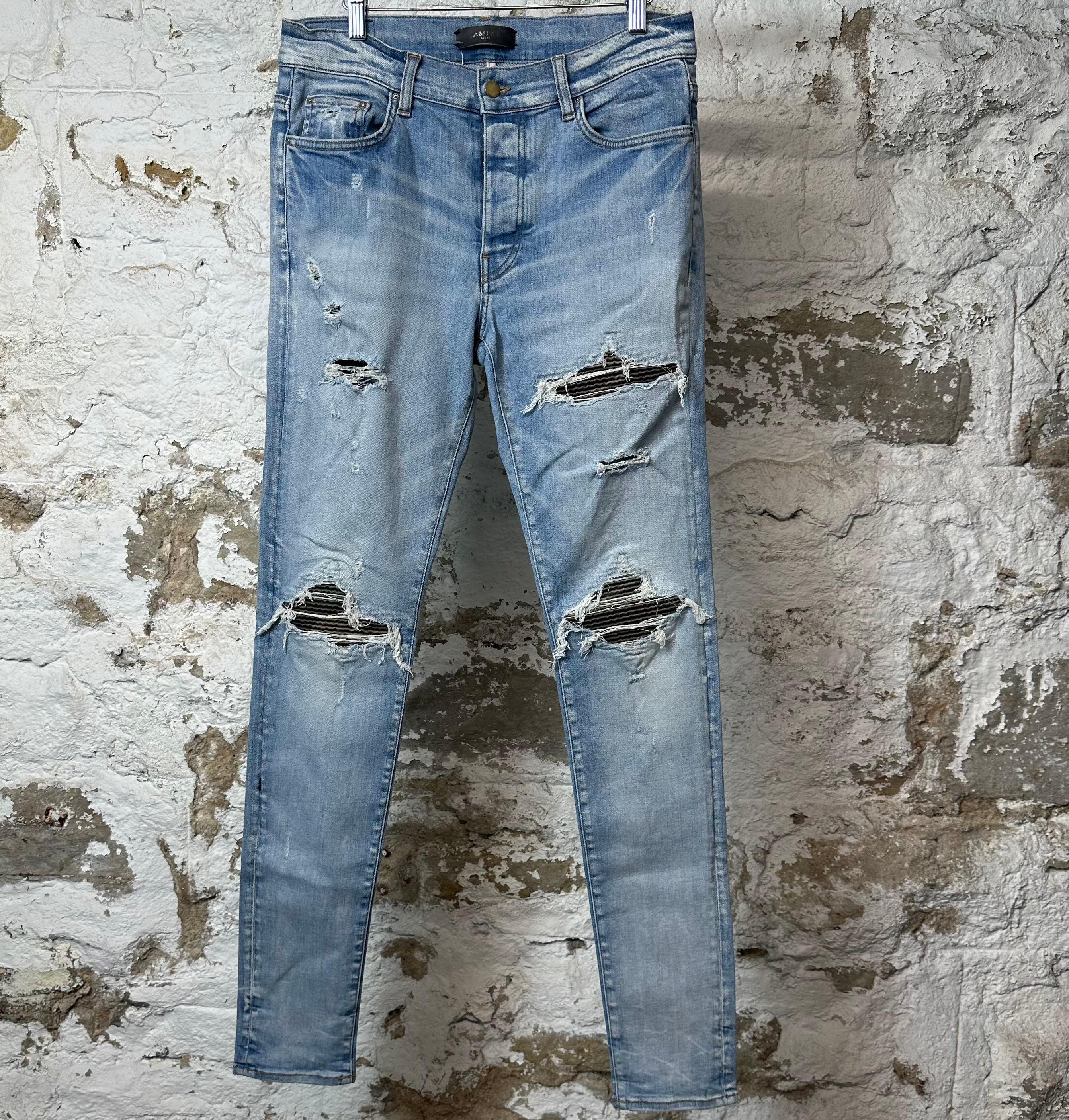 Amiri MX1 Camo Patch Light Blue Denim Jeans Sz 32