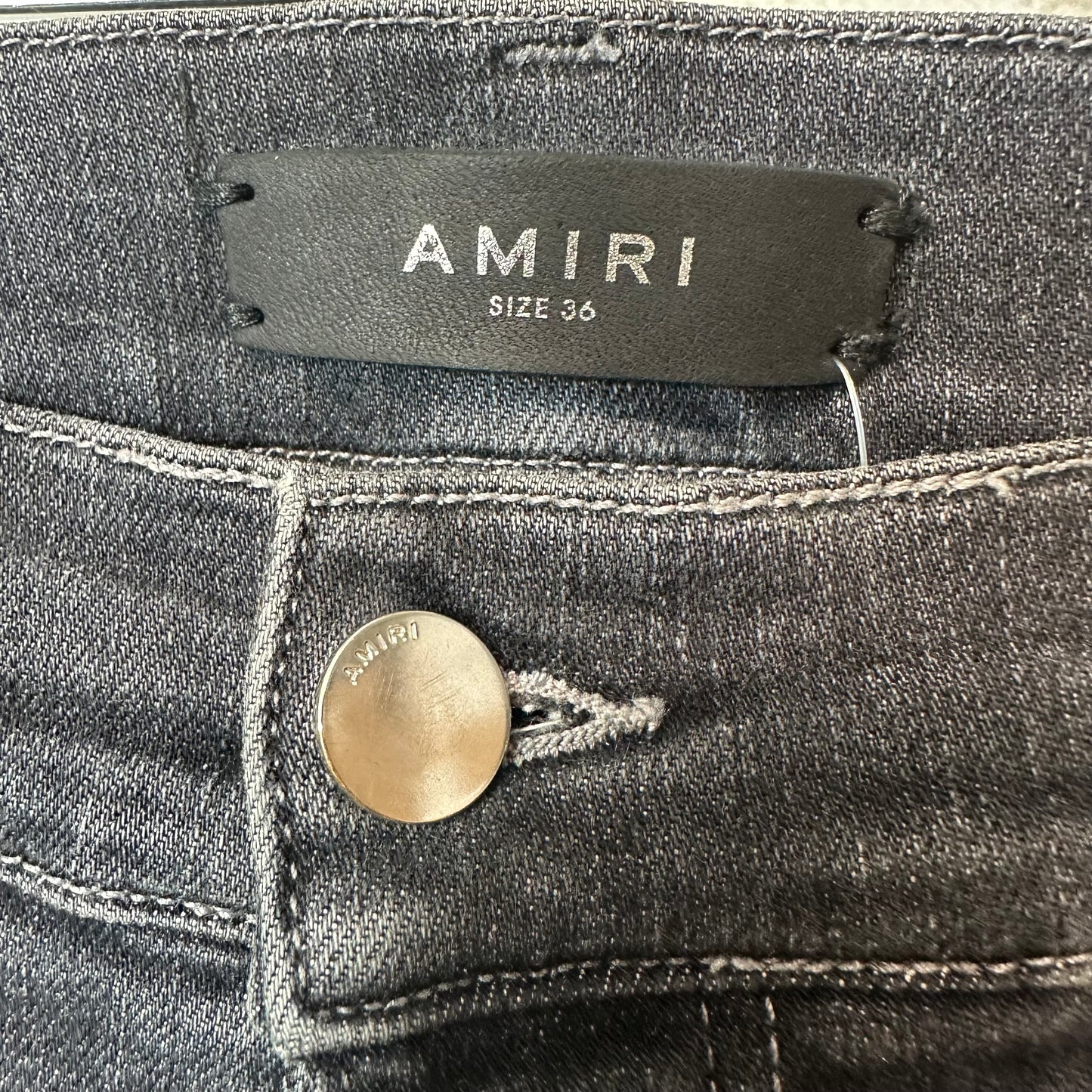 Amiri MX1 Black Leather Grey Denim Jeans Sz 36