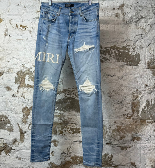 Amiri MX1 Cream Glitter Spell Blue Denim Jeans Sz 31