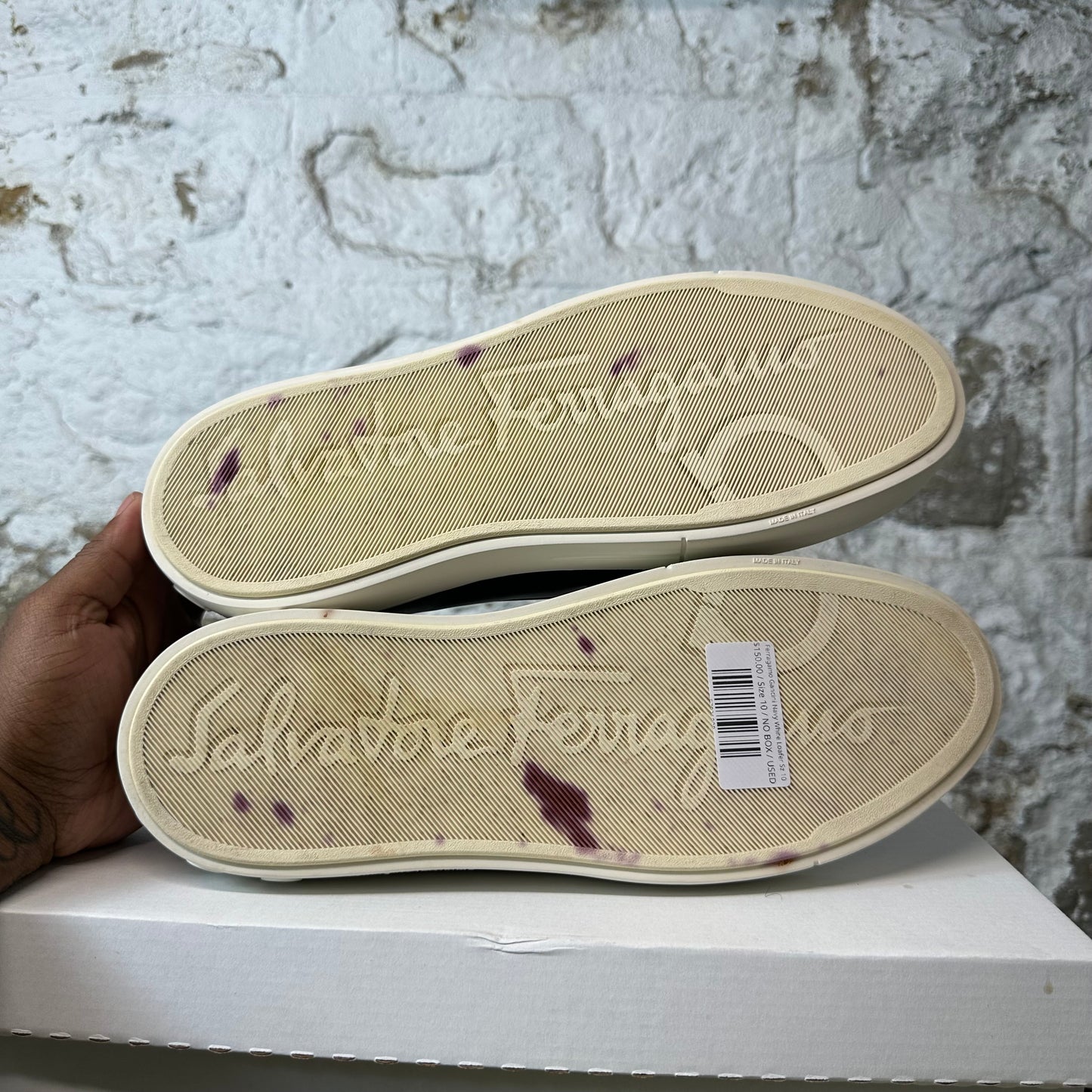 Ferragamo Gancini Navy White Loafer Sz 10