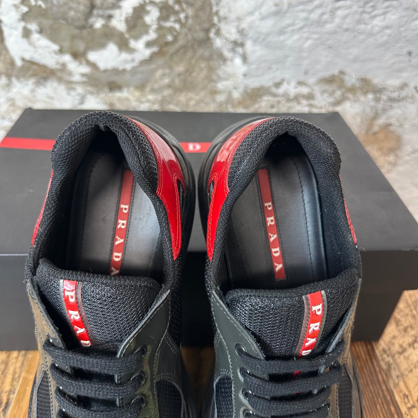 Prada Americas Cup Olive Green Red Patent Sneaker Sz 7.5