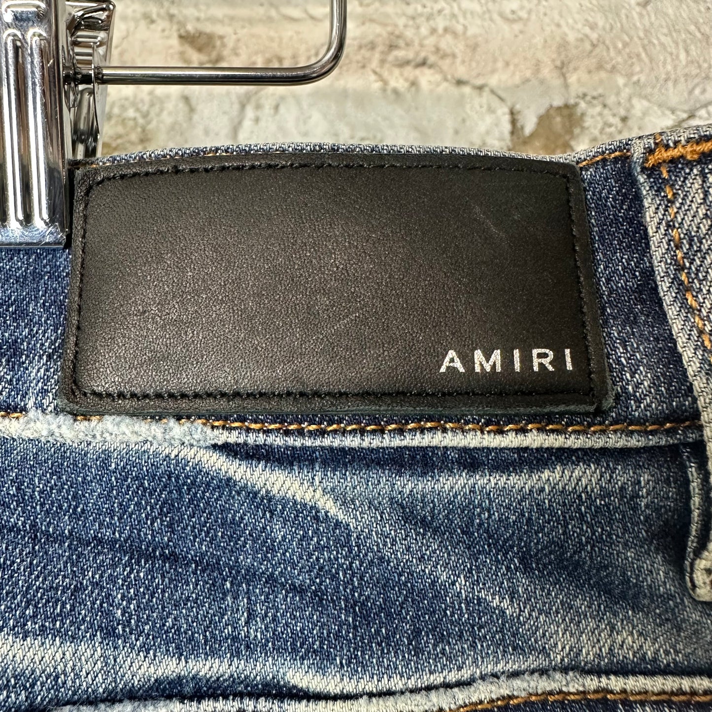 Amiri Felt Spellout Distressed Blue Denim Jeans Sz 34