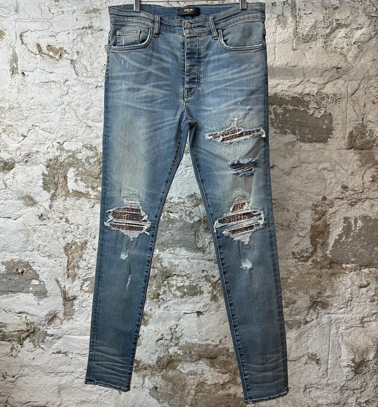 Amiri MX1 Brown Acid Patch Blue Denim Jeans Sz 33