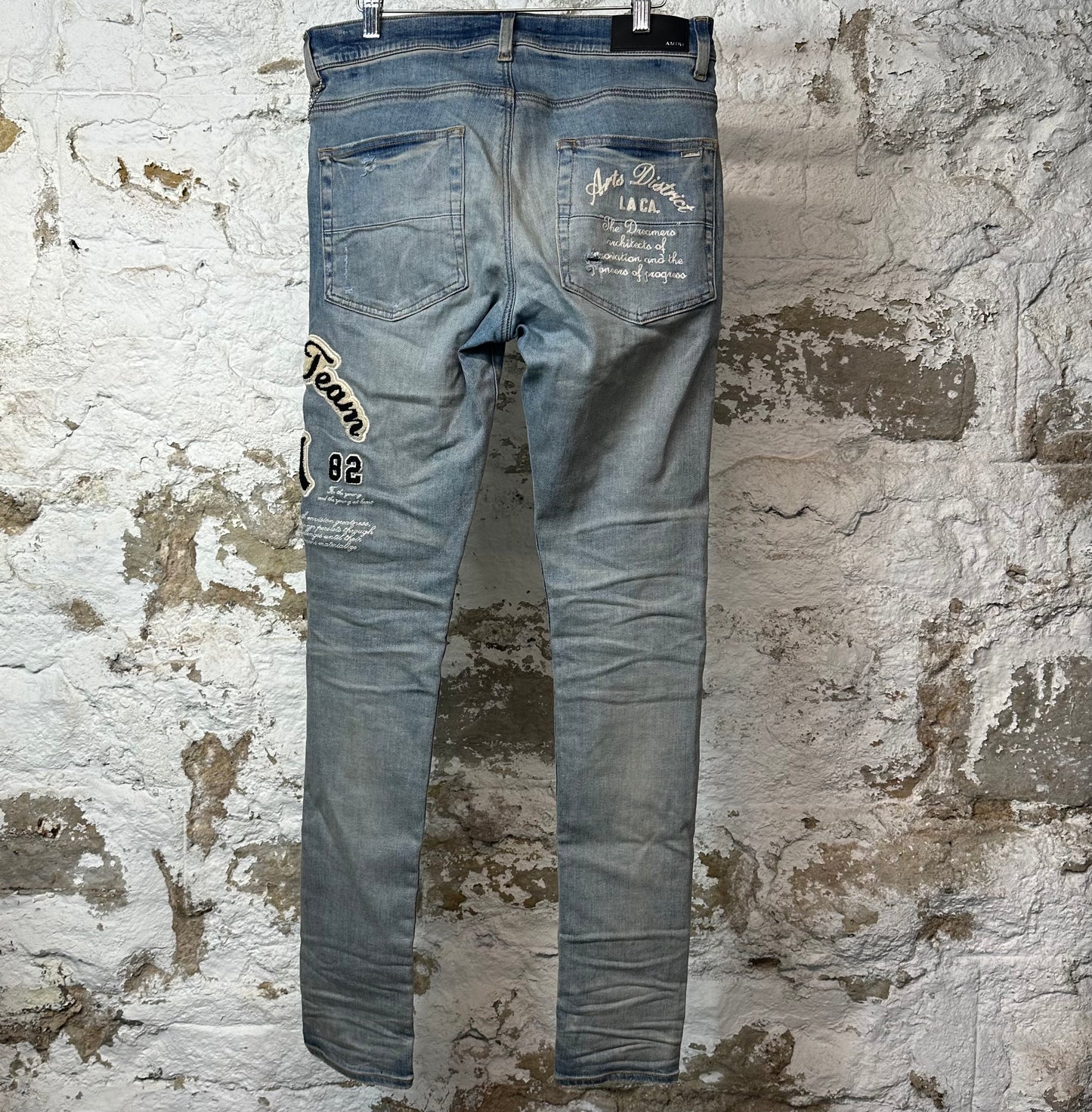 Amiri Felt Varsity Patch Blue Denim Jeans Sz 32