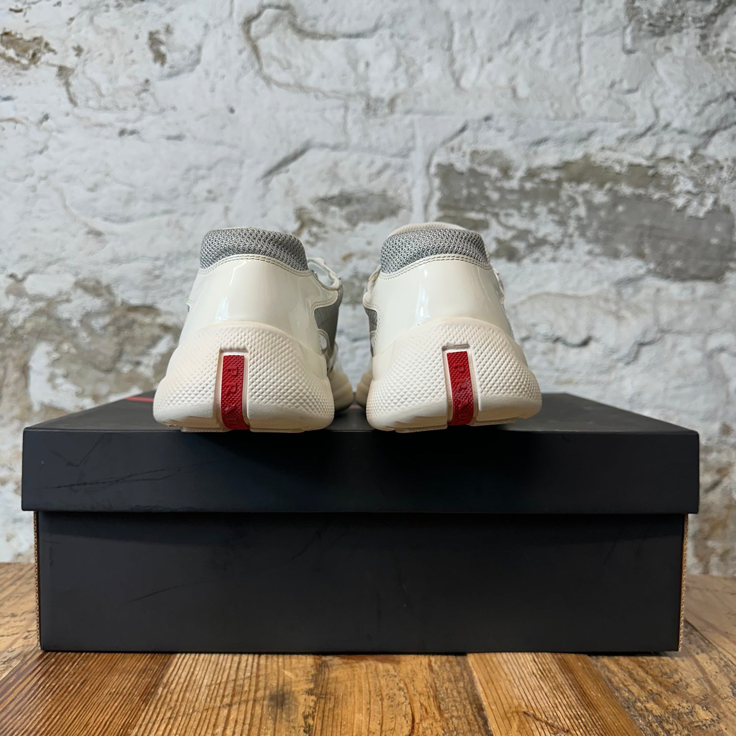 Prada Americas Cup White Patent Grey Sneaker Sz 7