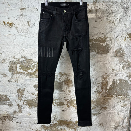 Amiri Black Leather Core Logo Black Waxed Denim Jeans Sz 28