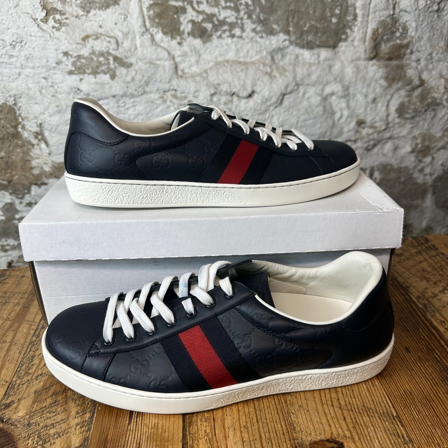 Gucci Navy Embossed GG Monogram Ace Sneaker Sz 12
